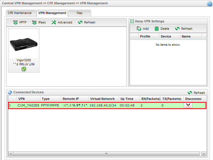 a screenshot of Vigor3900 CVM VPN Management