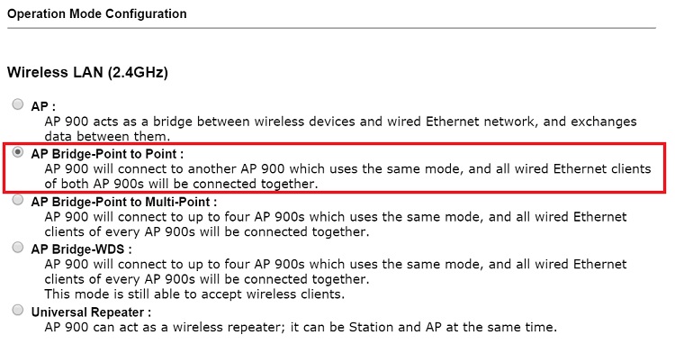 Switching operation mode to  AP Bridge-Point to Point on the peer AP
