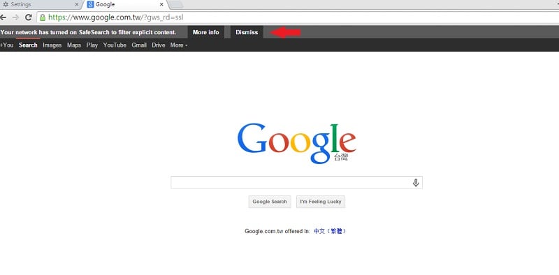 a screenshot of a browser opening Google and it shows SafeSearch has turned on