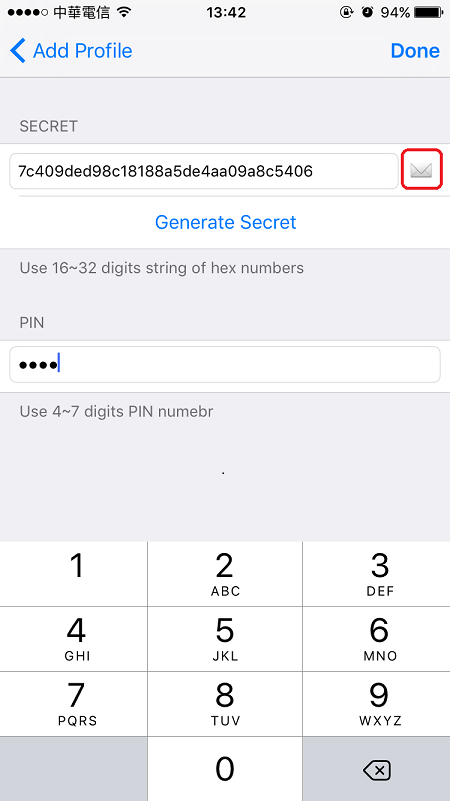 a screenshot of iOS Smart VPN mOTP setup