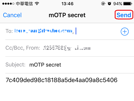 a screenshot of an email of mOTP secret