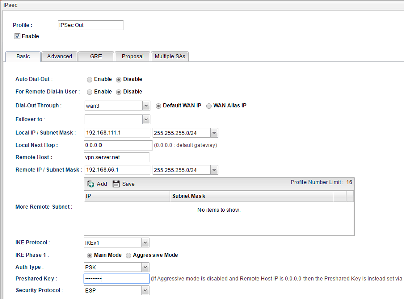 a screenshot of Vigor3900 IPsec VPN profile