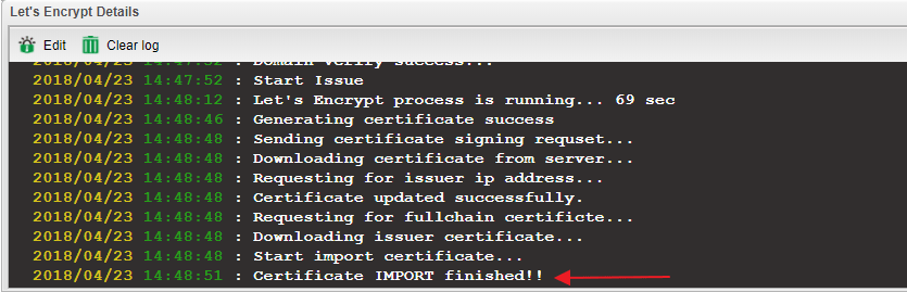 a screenshot of Vigor2960 finished applying for Let's Encrypt certificate
