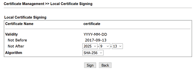 a screenshot of signing local certificate on DrayOS