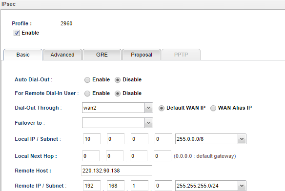 a screenshot of VPN Basic settings on Vigor3900