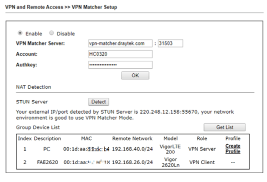 a screenshot of DrayTek VPN Matcher GUI