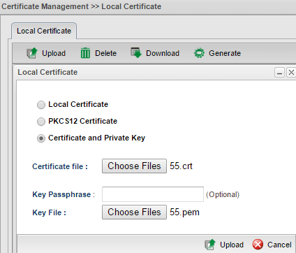 a screenshot of uploading Local Certificate to Vigor3900