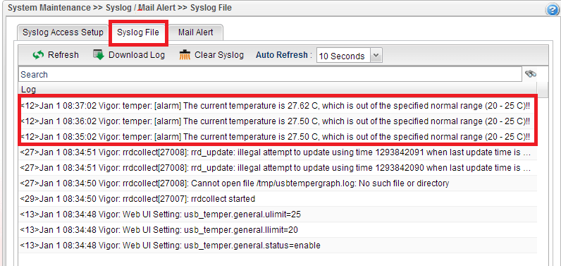 a screenshot of Vigor3900 Syslog File