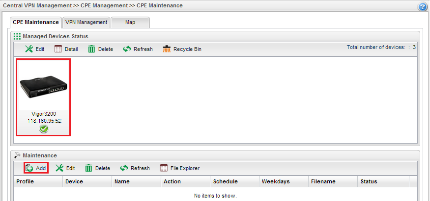 a screenshot of Vigor3900 CVM CPE Maintenance