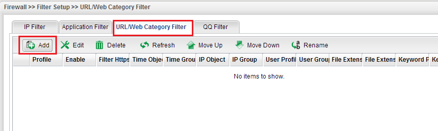 a screenshot of Vigor3900 Web Category Filter list