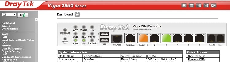 a screenshot of the dashboard of VIgor2860