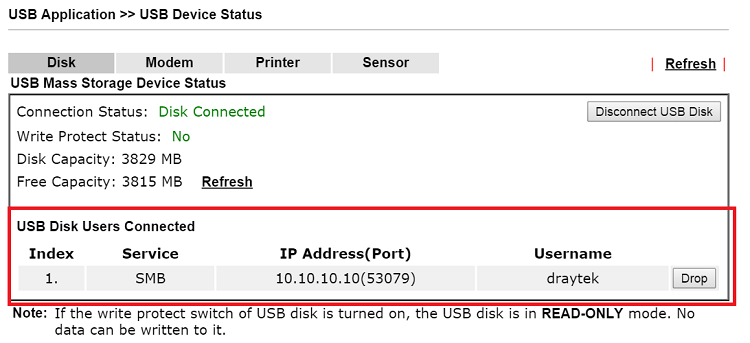 a screenshot of DrayOS USB Device Statu