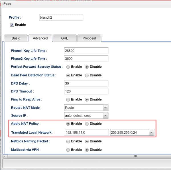 a screenshot of Vigor3900 IPsec VPN setup