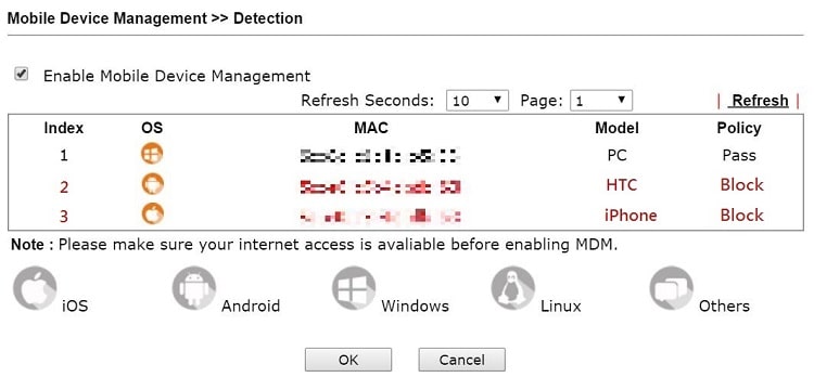 a screenshot of VigorAP Mobile Device Management Detection