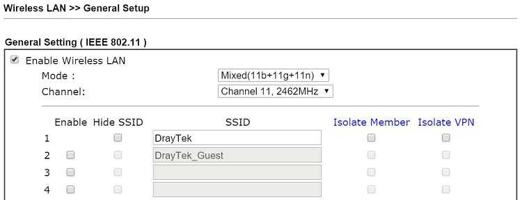 a screenshot of DrayOS Wireless LAN General Setup