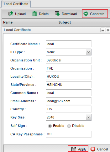 a screenshot of Vigor3900 Local Certificate settings
