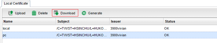 a screenshot of Vigor3900 Local Certificate List