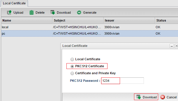 a screenshot of Vigor3900 Local Certificate Export