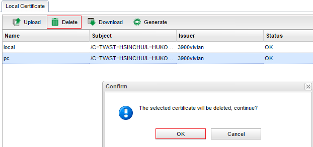 a screenshot of Vigor3900 removing Local Certificate 