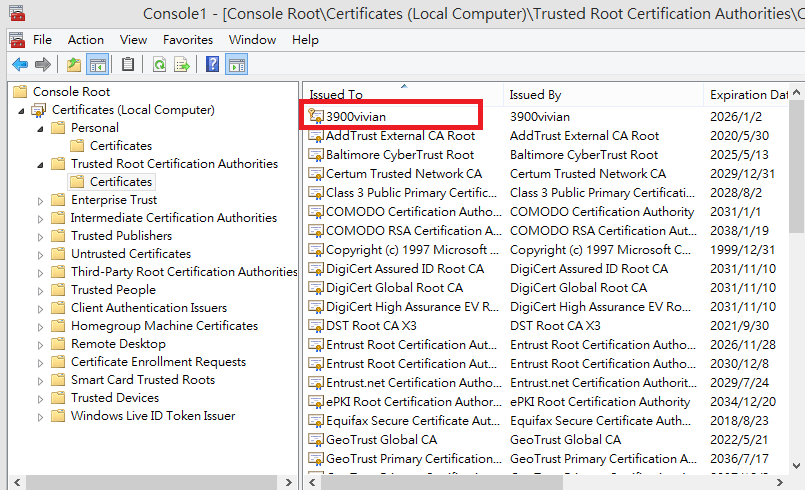  acreenshot of Windows Console Trusted Toor CA List