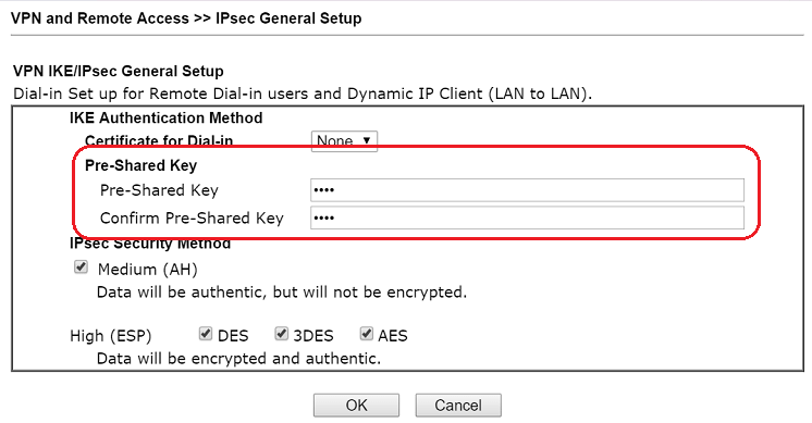 a screenshot of DrayOS VPN profile IPsec General Key
