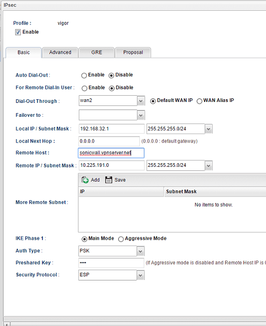 a screenshot of Vigor3900 VPN