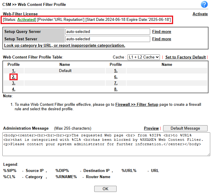 a screenshot of Web Content Filter profile list