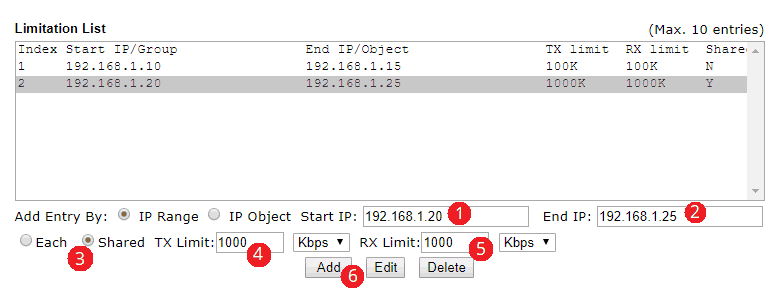a screenshot of DrayOS Bandwidth Limit Settings