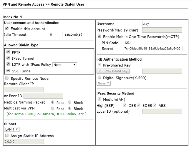 a screenshot of DrayOS Remote Dial-In User profile