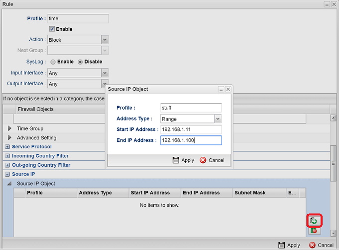a screenshot of Source IP Object settings in Vigor3900 IP filter rule