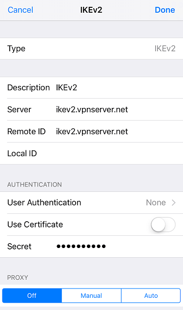 a screenshot iOS IKEv2 settings