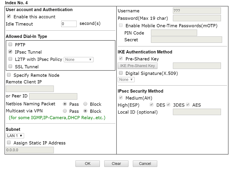 a screenshot of DrayOS Remote Dial-in user profile