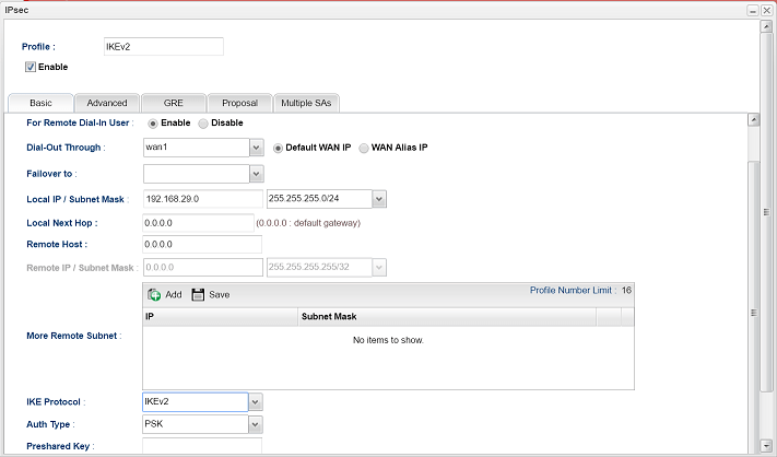 a screenshot of Vigor3900 IPsec VPN profiles