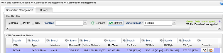 a screenshot of Vigor3900 VPN Connection Management