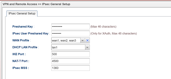a screenshot of Vigor3900 IPsec General Setup
