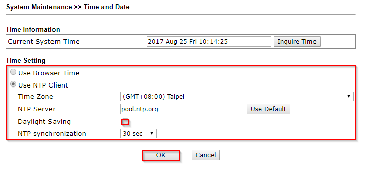 a screenshot of VigorAP time and date settings