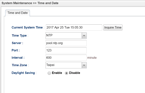 a screenshot of Vigor3900 Time and Date settings
