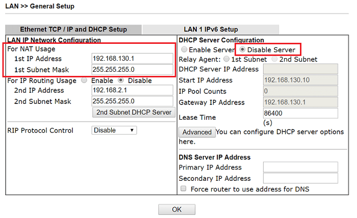 une capture d'écran de la configuration du serveur DHCP Vigor130