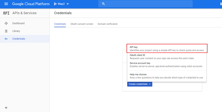 Screenshot of Google API apply