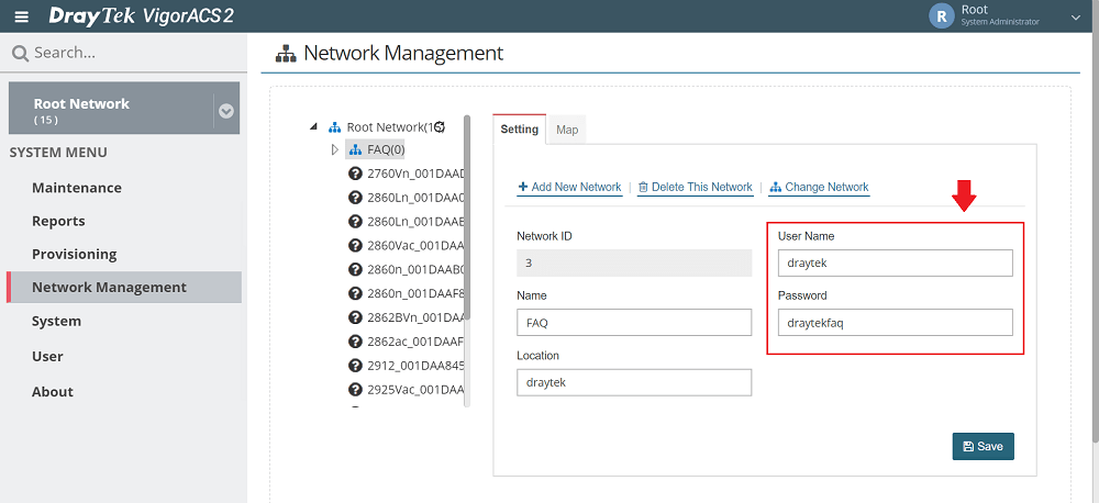 a screenshot of VigorACS2 Network Management