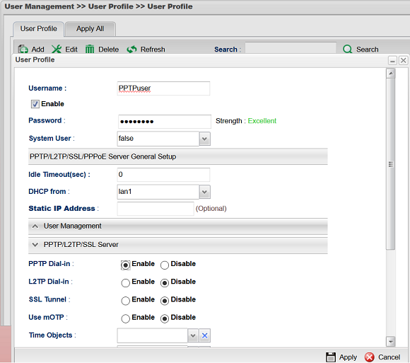 a screenshot of Vigor3900 User profile