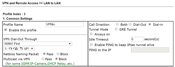 a screenshot of DrayOS LAN-to-LAN VPN profile