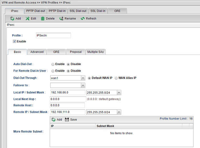 a screenshot of Vigor3900 IPsec VPN proflle