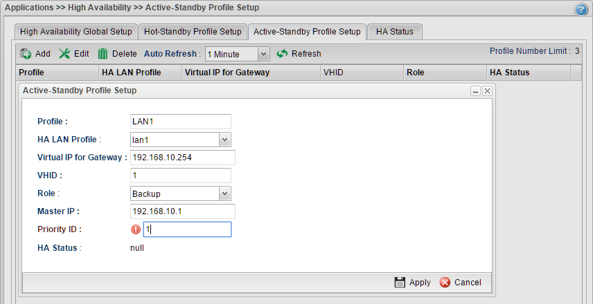 a screenshot of Vigor3900 HA Configuration