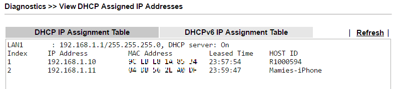 a screenshot of DrayOS DHCP Table