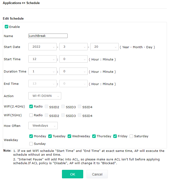 a screenshot of VigorAP Schedule profile