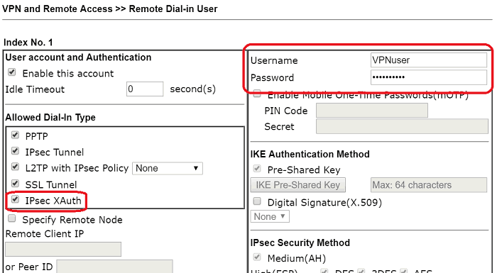 a screenshot of DrayOS IPsec XAuth dial-in user profile