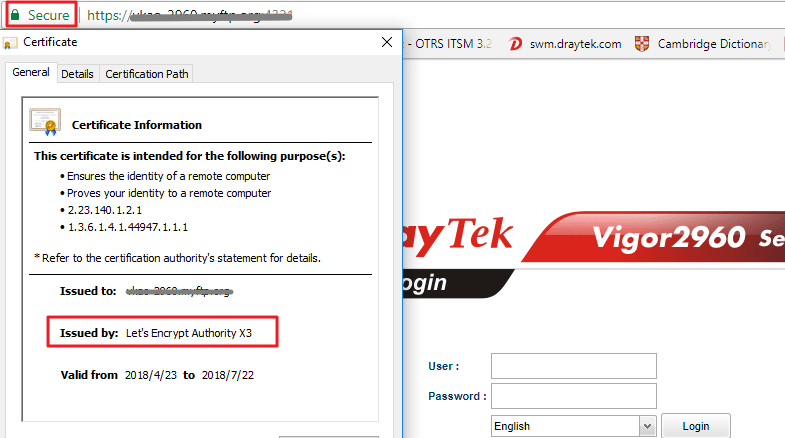a screenshot of a browser opening Vigor2960's web management page, and it shows HTTPS connection is secure