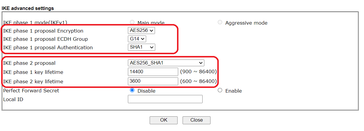 a screenshot of DrayOS IKE advanced settings