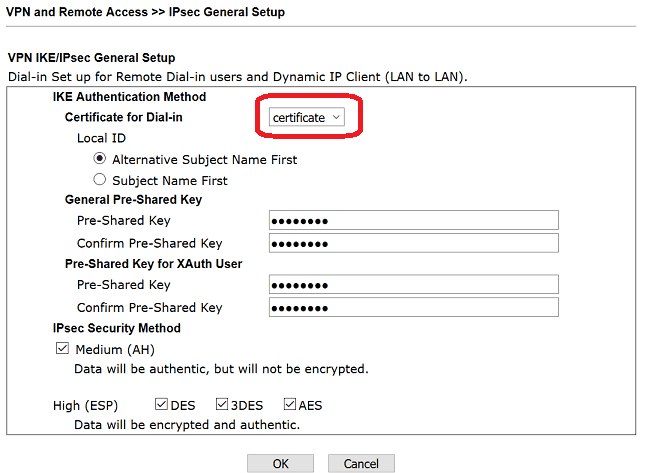a screenshot of IPsec certificate setting on DrayOS